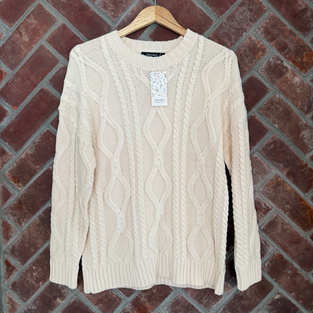 NWT Automet Cable Knit Sweater Women S Cream Off-White Crew Neck Long Sleeve